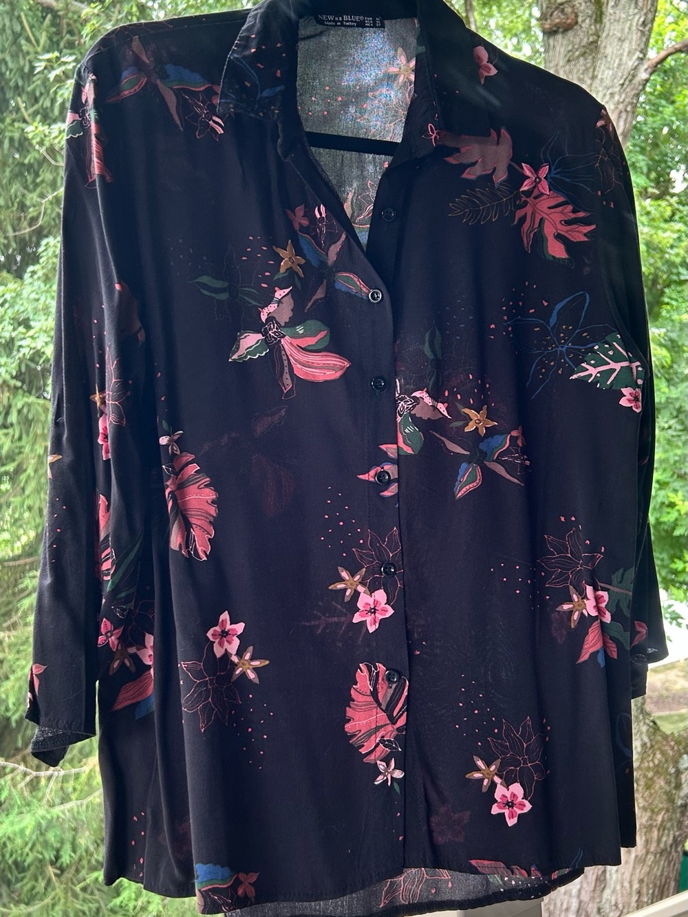 Floral Button-Front Blouse - Black with Pink Floral Print